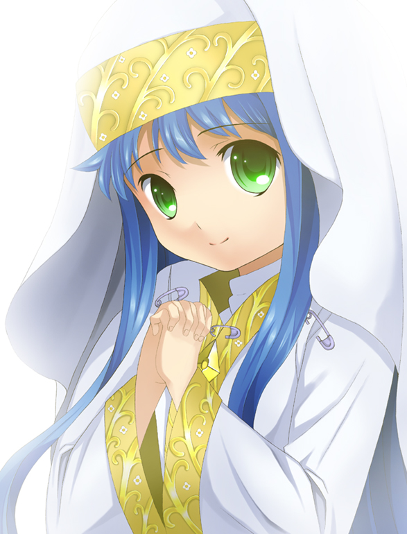 laco soregashi, index (toaru majutsu no index), toaru majutsu no index, habit, bad id, bad pixiv id, 00s, blue hair, green eyes, own hands clasped, own hands together, robe, safety pin, solo