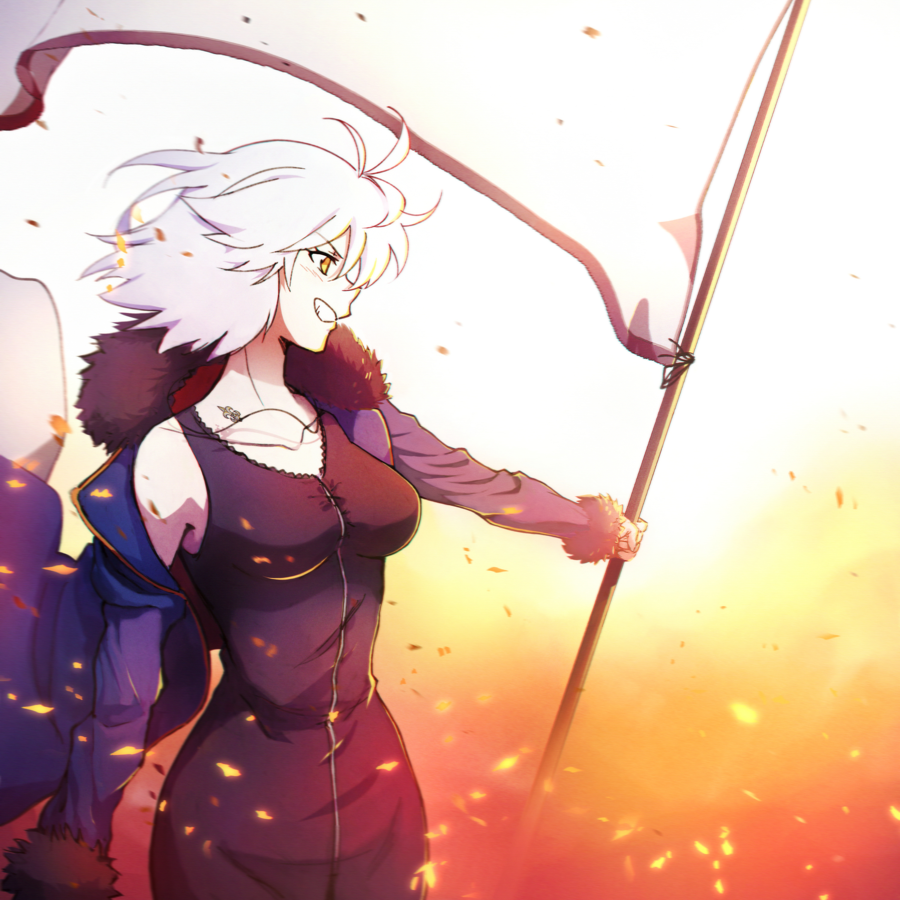 doll-7, jeanne d'arc alter (avenger) (fate), jeanne d'arc alter (fate), jeanne d'arc alter (ver. shinjuku 1999) (fate), fate/grand order, fate (series), absurdres, highres, 1girl, banner, black dress, blush, breasts, coat, collarbone, dress, floating hair, from side, grin, hair between eyes, holding banner, jewelry, long sleeves, medium breasts, medium hair, official alternate costume, open clothes, open coat, pendant, purple coat, sleeveless, sleeveless dress, smile, solo, spanish commentary, standing, white hair, yellow eyes