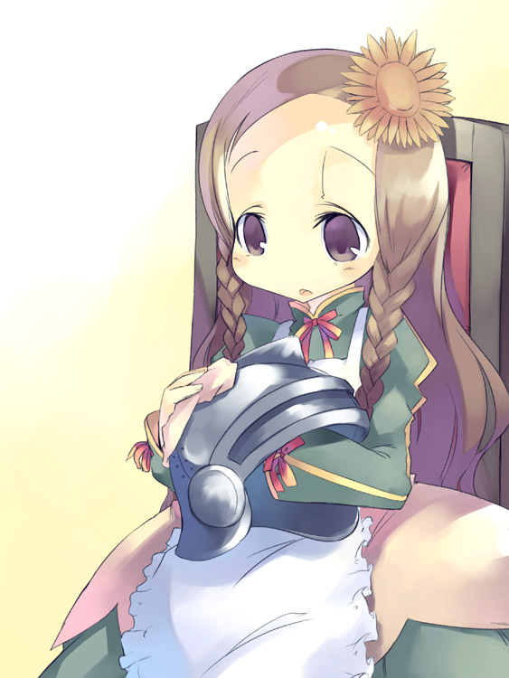 mikage sekizai, abigail, abigail (sekaiju no meikyuu), atlus, etrian odyssey, 1girl, braid, brown hair, female focus, flower, hair flower, hair ornament, helmet, solo
