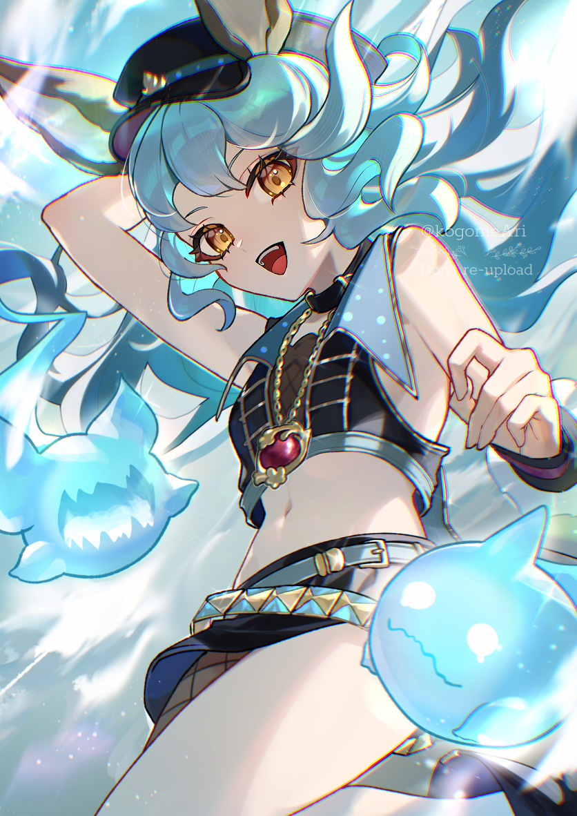 kogome (azalea4), ferry (granblue fantasy), granblue fantasy, 1girl, :d, animal ears, black collar, black hat, black skirt, black sleeves, blue hair, collar, crop top, detached sleeves, fishnet pantyhose, fishnets, floating hair, hat, long hair, midriff, miniskirt, navel, open mouth, pantyhose, peaked cap, single leg pantyhose, single sleeve, skirt, smile, solo, stomach, very long hair, watermark, yellow eyes