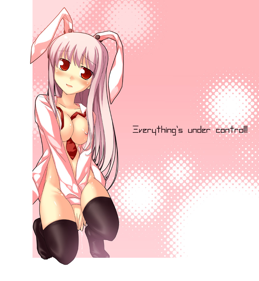 nu (plastic eraser), reisen udongein inaba, touhou, 1girl, animal ears, blush, bottomless, breasts, english text, female focus, large breasts, long hair, necktie, open clothes, open shirt, rabbit ears, red eyes, red necktie, shirt, solo, thighhighs, undone necktie, white shirt