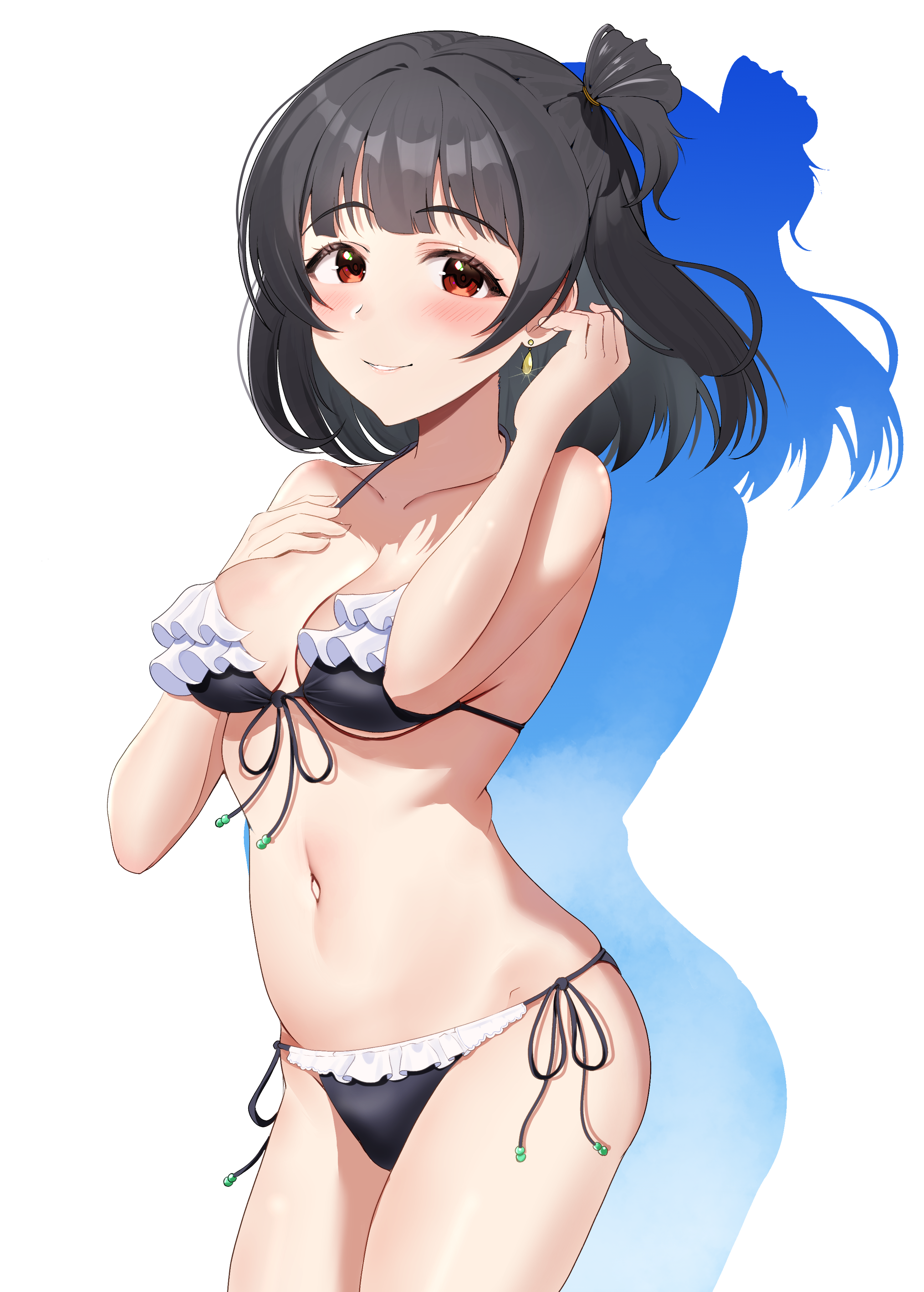 tanukiinu005, nakatani iku, idolmaster, idolmaster million live!, absurdres, highres, 1girl, bare arms, bikini, black bikini, black hair, blunt bangs, breasts, cleavage, collarbone, colored shadow, cowboy shot, earrings, frilled bikini, frills, front-tie bikini top, front-tie top, jewelry, medium breasts, medium hair, navel, red eyes, shadow, side-tie bikini bottom, solo, standing, swimsuit, underboob, white background