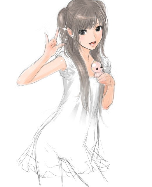 sano toshihide, kewpie doll, bad id, bad pixiv id, 1girl, :d, black eyes, doll, female focus, flat chest, grey hair, lingerie, long hair, m/, negligee, open mouth, see-through clothes, seikan hikou, simple background, sketch, smile, solo, sparkle, twintails, underwear