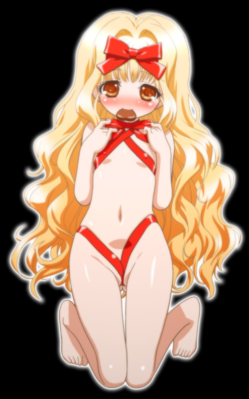 gambler club, mashiro rima, shugo chara!, 1girl, barefoot, blonde hair, blush, chocolate, female focus, flat chest, kneeling, loli, long hair, nude, orange eyes, ribbon, solo, valentine, very long hair