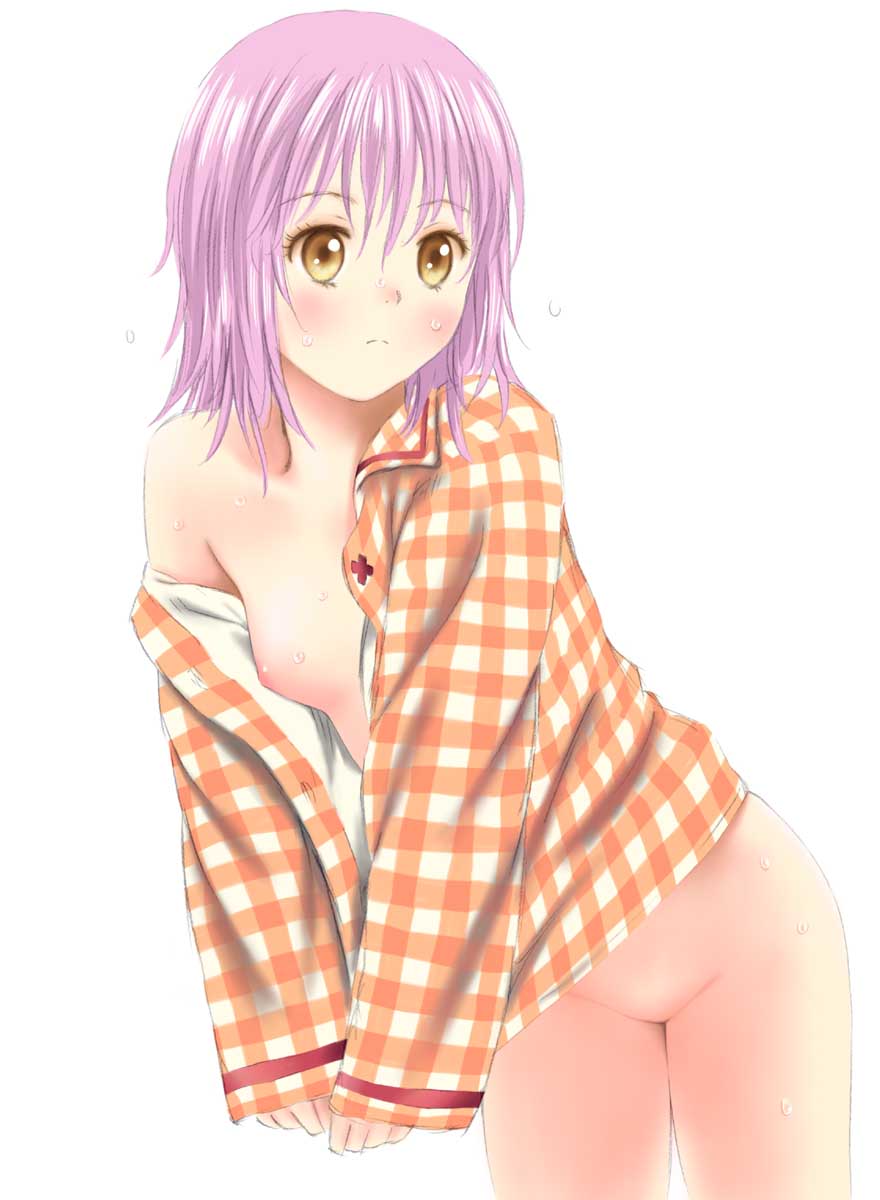 toshi hiroshi, hinamori amu, shugo chara!, plaid, highres, 1girl, blush, bottomless, female focus, flat chest, loli, long sleeves, nipples, no panties, open clothes, pajamas, pink hair, short hair, sleeves past wrists, solo, wet, yellow eyes