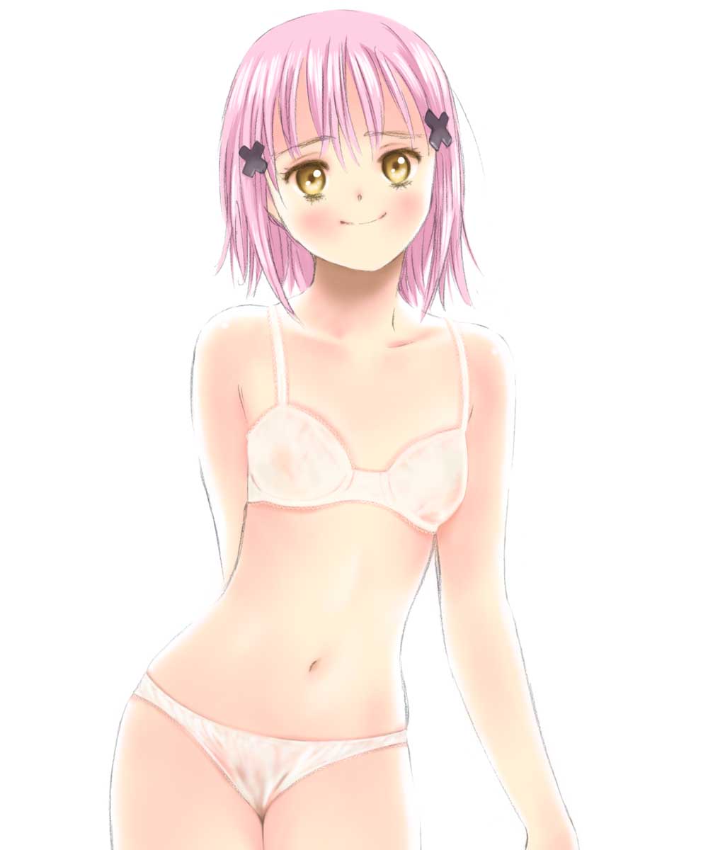 toshi hiroshi, hinamori amu, shugo chara!, highres, blush, bra, lingerie, midriff, navel, panties, pink hair, short hair, solo, underwear, underwear only, yellow eyes