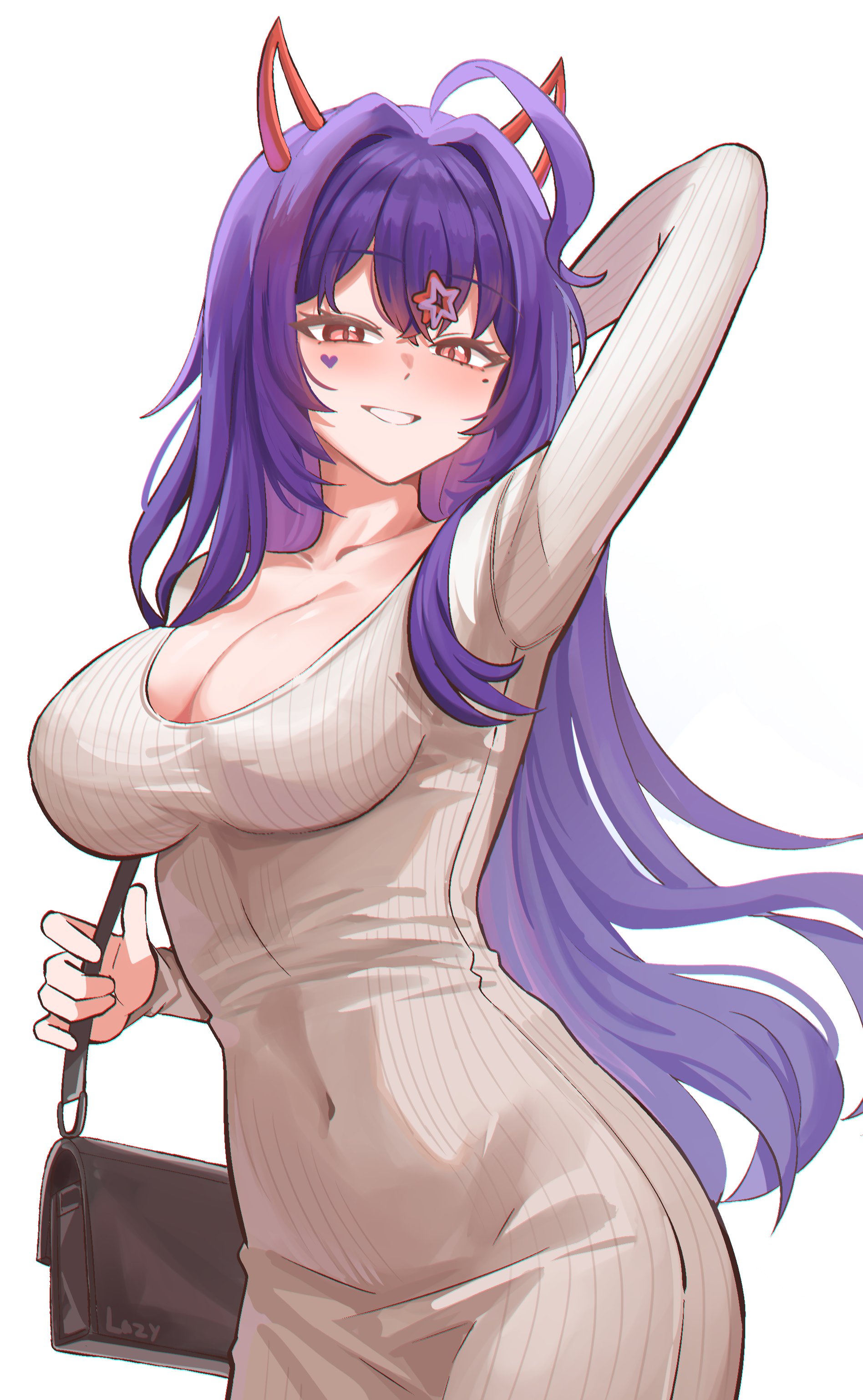 boyal, akuma nihmune, indie virtual youtuber, absurdres, highres, 1girl, arm up, bag, blush, breasts, cleavage, covered navel, cowboy shot, demon horns, dress, grin, hair between eyes, horns, large breasts, looking at viewer, mole, mole under eye, pink eyes, purple hair, red horns, shoulder bag, smile, solo, tight clothes, tight dress, virtual youtuber, white background, white dress