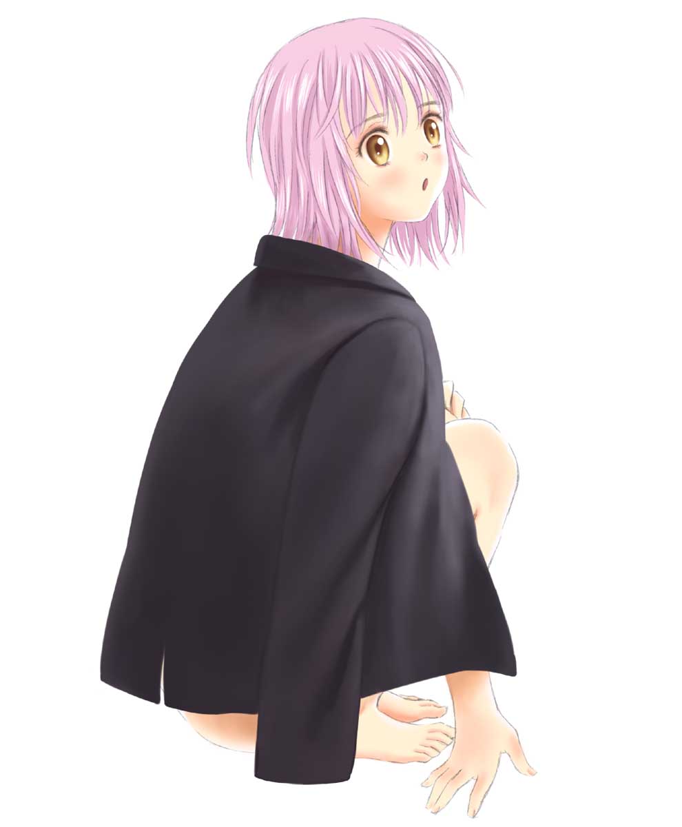 toshi hiroshi, hinamori amu, shugo chara!, highres, barefoot, feet, jacket, jacket on shoulders, pink hair, short hair, solo, squatting, yellow eyes
