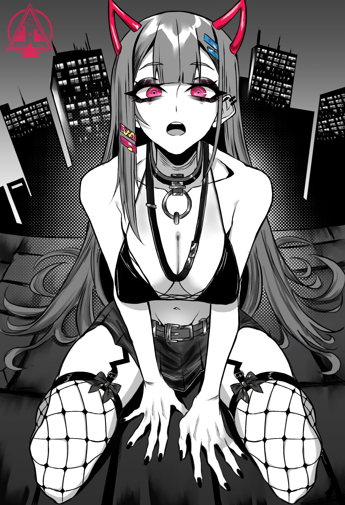 dizzle, akuma nihmune, indie virtual youtuber, highres, 1girl, alternate costume, belt, bikini, bikini top only, black skirt, breasts, cityscape, cleavage, collar, collarbone, ear piercing, fishnet pantyhose, fishnets, greyscale, horns, large breasts, long hair, looking at viewer, miniskirt, monochrome, navel, open mouth, pantyhose, piercing, red horns, sitting, skirt, solo, spot color, swimsuit, teeth, upper teeth only, virtual youtuber, wariza