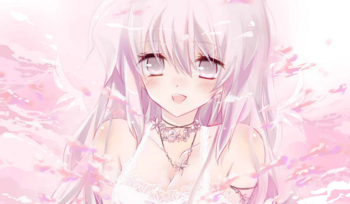 ichiyou moka, original, 1girl, :d, blush, breasts, cleavage, female focus, jewelry, long hair, necklace, open mouth, pale color, pink eyes, pink hair, pink theme, smile, solo, wings