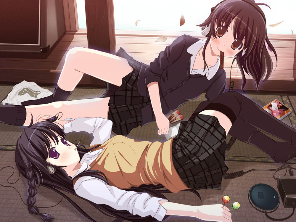 kazumasa, original, black legwear, 2girls, bag, braid, brown eyes, brown hair, candy, cd, cd case, cd player, cd walkman, chocolate, digital media player, earphones, food, happy, headphones, indoors, leaf, lollipop, long hair, lying, miniskirt, mouth hold, multiple girls, music, plaid clothes, plaid skirt, pleated skirt, ponytail, purple eyes, purple hair, school uniform, side braid, skirt, smile, socks, sweater vest, sweets, tatami, thighhighs, vest, zettai ryouiki