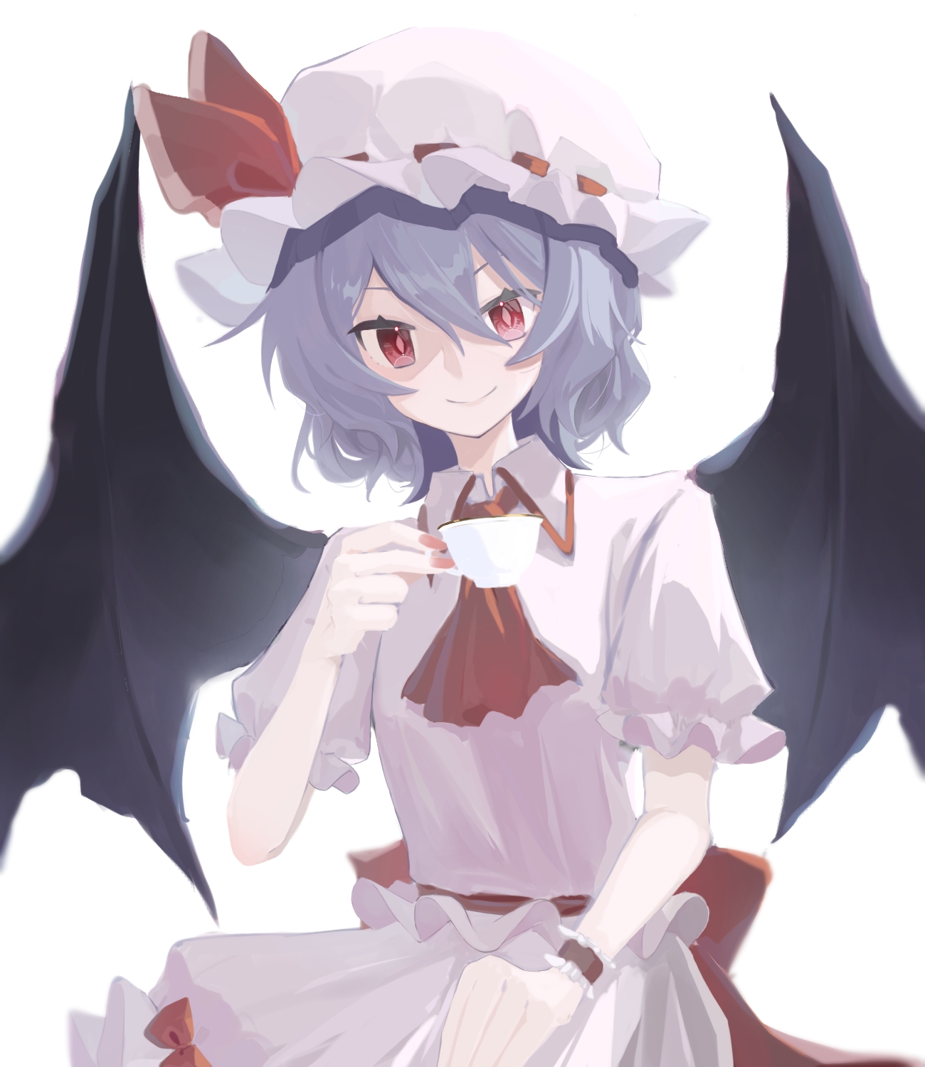 remilia scarlet, touhou, highres, 1girl, ascot, bat wings, closed mouth, collared shirt, cup, flying sweatdrops, frilled cuffs, frilled hat, frills, hair between eyes, hand up, hat, hat ribbon, holding, holding cup, mob cap, puffy short sleeves, puffy sleeves, purple hair, red ascot, red eyes, red ribbon, ribbon, shirt, short hair, short sleeves, simple background, skirt, smile, solo, uro-hito, white background, white hat, white shirt, white skirt, wings, wrist cuffs