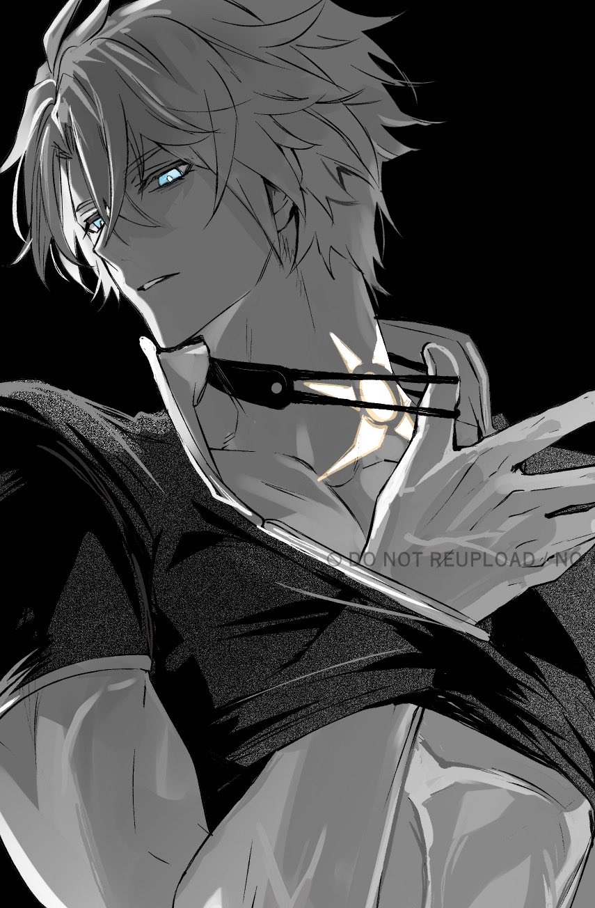 mori morii, phainon (honkai: star rail), honkai: star rail, honkai (series), commentary request, highres, 1boy, arm up, black background, blue eyes, choker, clothes lift, collarbone, collared shirt, crossed bangs, fingernails, hair between eyes, looking down, male focus, parted lips, popped collar, shirt, shirt lift, short sleeves, simple background, solo, teeth, watermark
