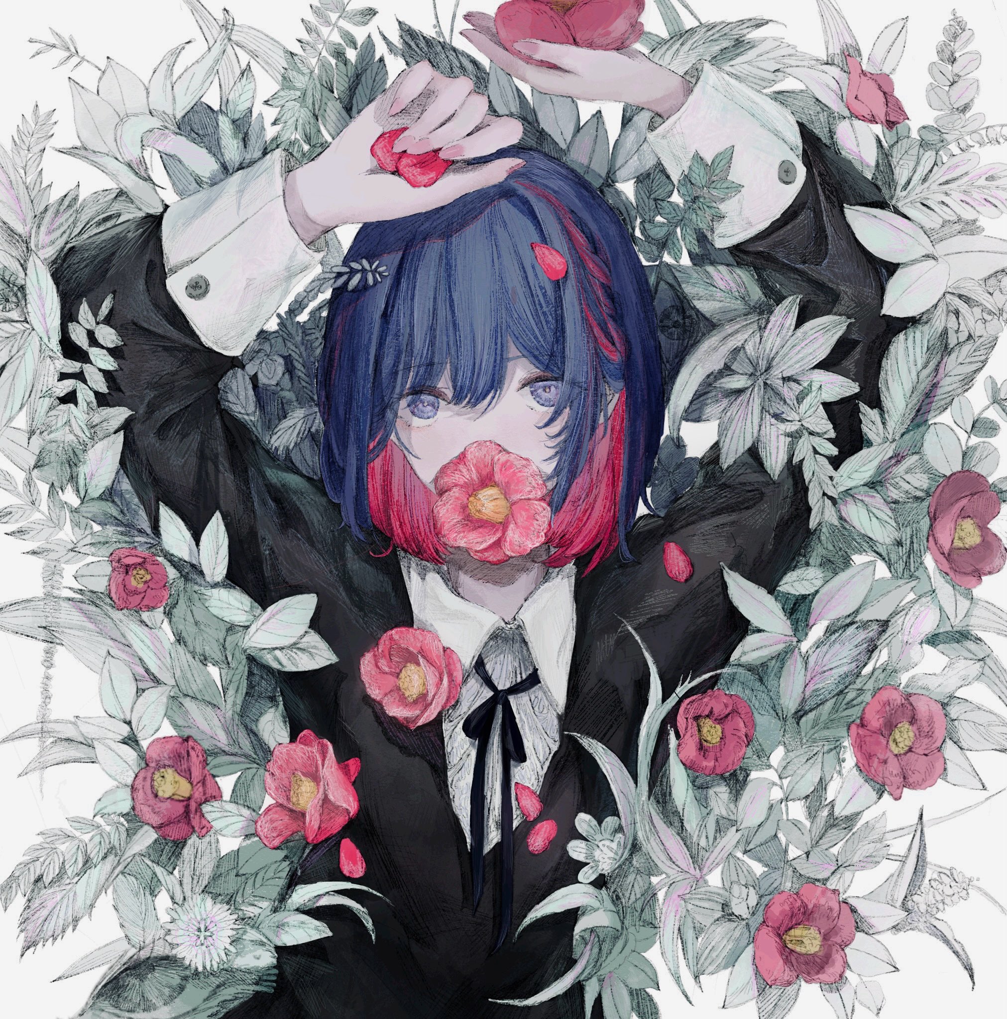 ao lemon, rim (kamitsubaki studio), kamitsubaki studio, highres, 1girl, arms up, black ribbon, black sweater, blue eyes, blue hair, collared shirt, covered mouth, flower, hair between eyes, holding, holding flower, lying, mouth hold, multicolored hair, neck ribbon, on back, pink flower, pink hair, pink nails, ribbon, shirt, short hair, solo, sweater, two-tone hair, virtual youtuber, white shirt
