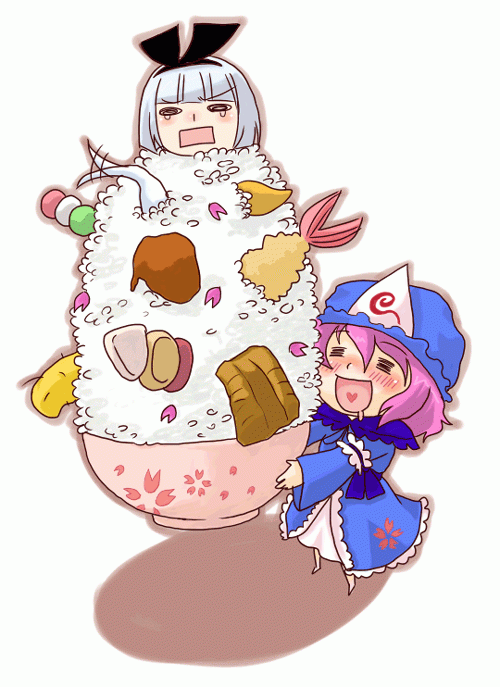 kty (04), konpaku youmu, konpaku youmu (ghost), saigyouji yuyuko, touhou, silver hair, 2girls, bowl, dango, female focus, food, hairband, hat, hitodama, multiple girls, pink hair, rice, sanshoku dango, short hair, wagashi