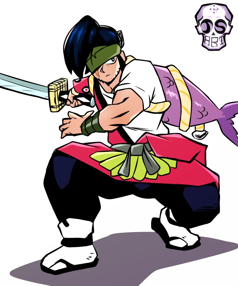 jsart12, brawl stars, angry, artist name, black hair, fighting stance, katana, kenji (brawl stars), male focus, muscular, simple background, sword, weapon
