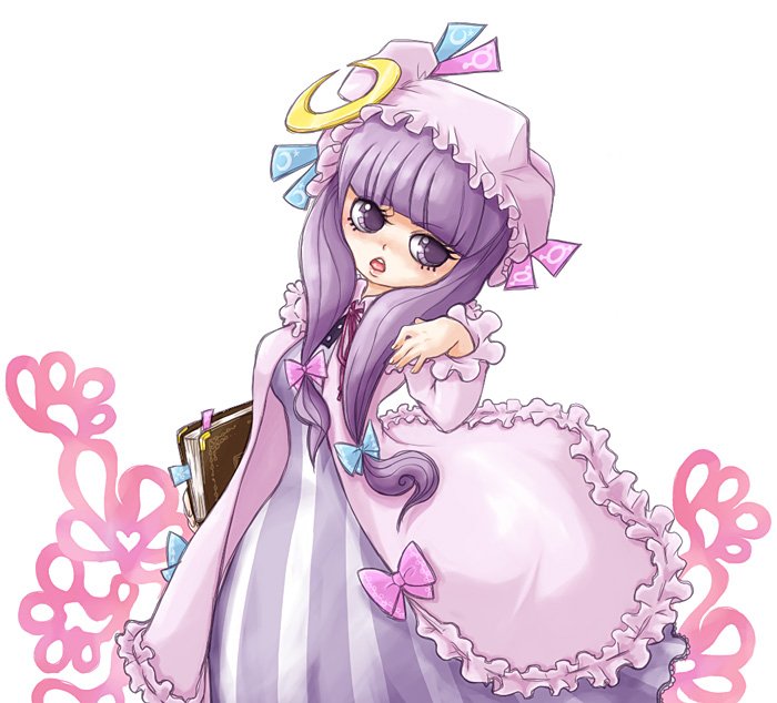 kty (04), patchouli knowledge, touhou, 1girl, book, bow, crescent, crescent hat ornament, female focus, hair ribbon, hat, hat ornament, long hair, pink bow, purple eyes, purple hair, ribbon, solo
