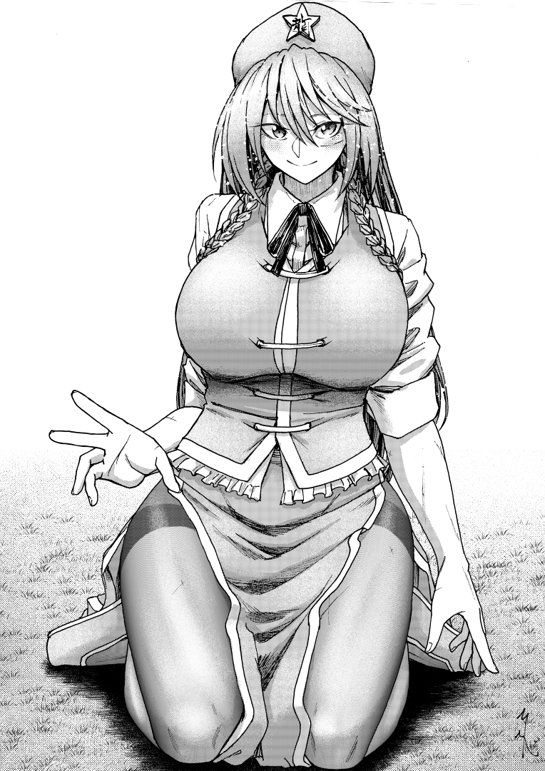 koyubi (littlefinger1988), hong meiling, touhou, 1girl, beret, braid, breasts, china dress, chinese clothes, closed mouth, collared shirt, dress, full body, greyscale, hat, hat ornament, large breasts, light blush, long hair, monochrome, neck ribbon, pantyhose, ribbon, seiza, shirt, sitting, sleeves rolled up, smile, star (symbol), star hat ornament, twin braids, vest, wide hips