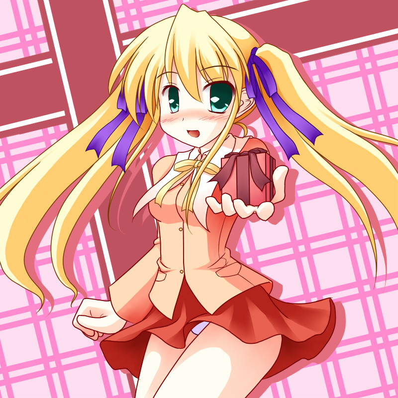 wizard erk, hiiragi anri, happiness!, 00s, 1girl, aqua eyes, blonde hair, box, female focus, jumping, long hair, panties, pantyshot, school uniform, solo, twintails, underwear, valentine