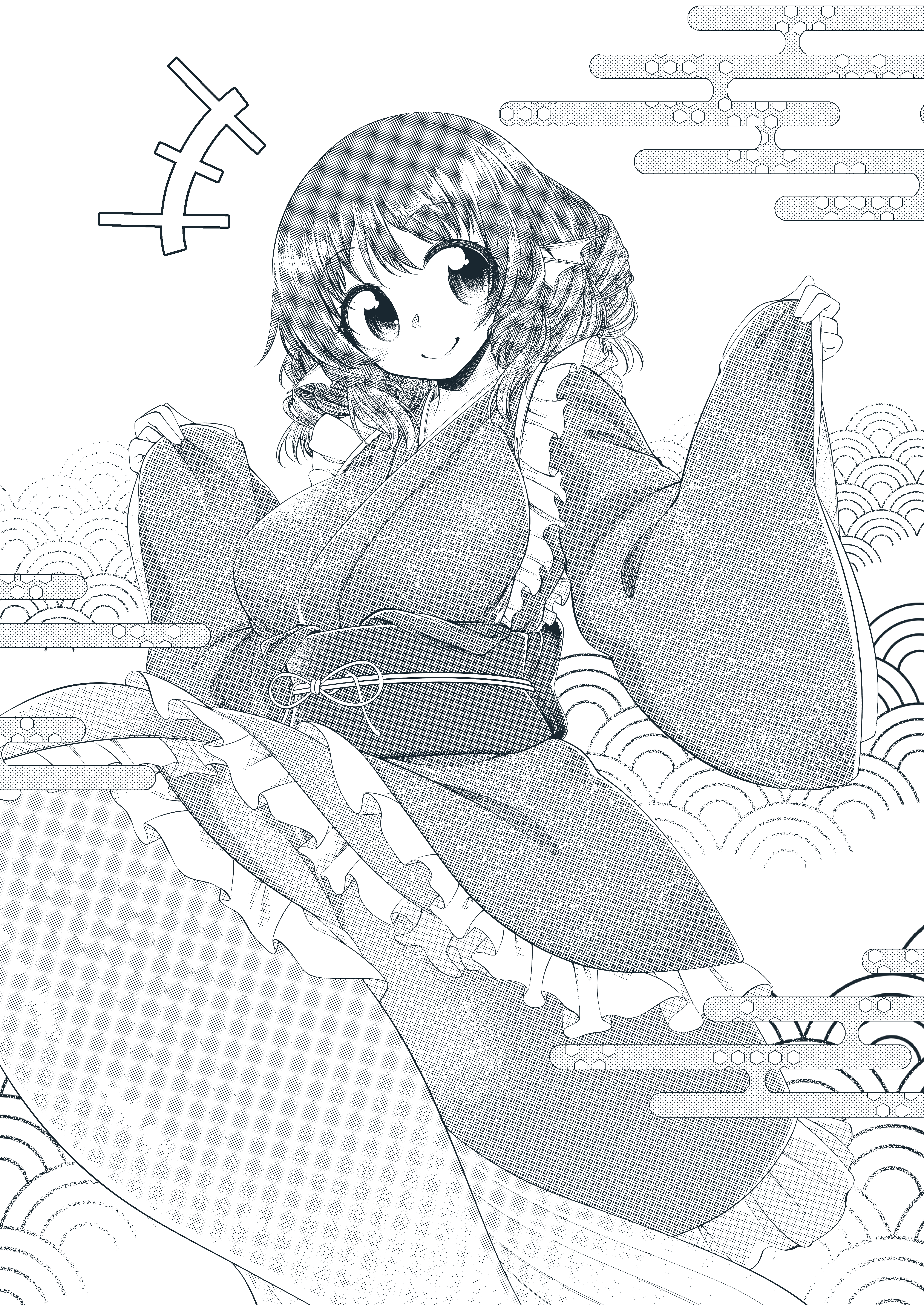 0-den, wakasagihime, touhou, absurdres, highres, 1girl, fins, frilled kimono, frills, greyscale, halftone, head fins, japanese clothes, kimono, mermaid, monochrome, monster girl, obi, sash, solo
