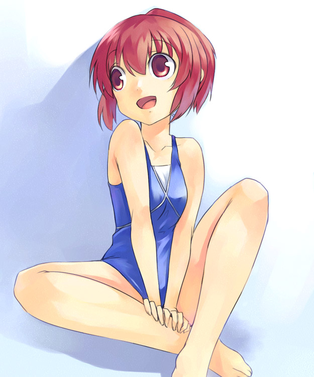 mikage sekizai, kushieda minori, toradora!, 00s, 1girl, bare shoulders, barefoot, breasts, breasts squeezed together, female focus, open mouth, red eyes, red hair, short hair, sitting, small breasts, solo, swimsuit
