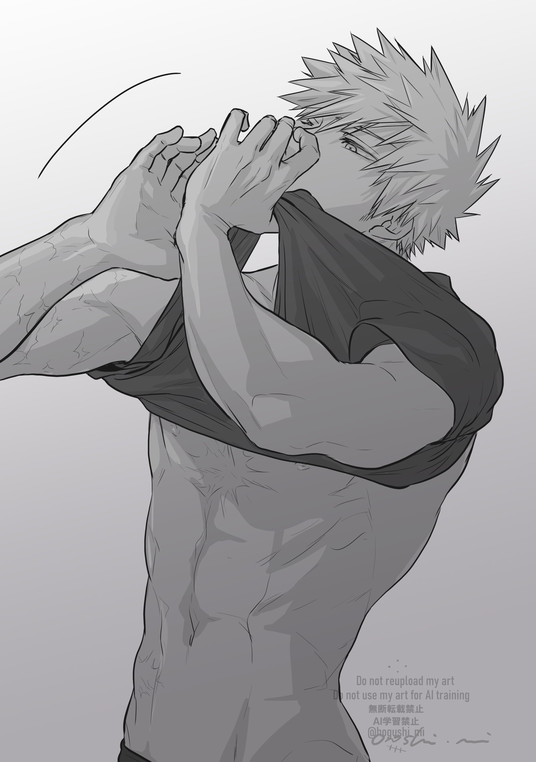 oroshi mi, bakugou katsuki, boku no hero academia, absurdres, commentary, highres, symbol-only commentary, 1boy, abs, arms up, clothes lift, cowboy shot, dressing, fingernails, greyscale, looking up, male focus, monochrome, multiple scars, navel, scar, scar on arm, scar on chest, shirt lift, short hair, solo, toned, toned male, watermark