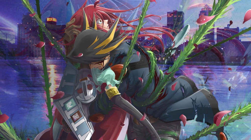 fudo yusei, izayoi aki, yu-gi-oh!, yu-gi-oh! 5d's, 00s, 1boy, 1girl, black hair, blood, card, city, duel disk, elbow gloves, gloves, hug, long hair, manly, multicolored hair, petals, plant, red hair, streaked hair, tears, vines, water, wind