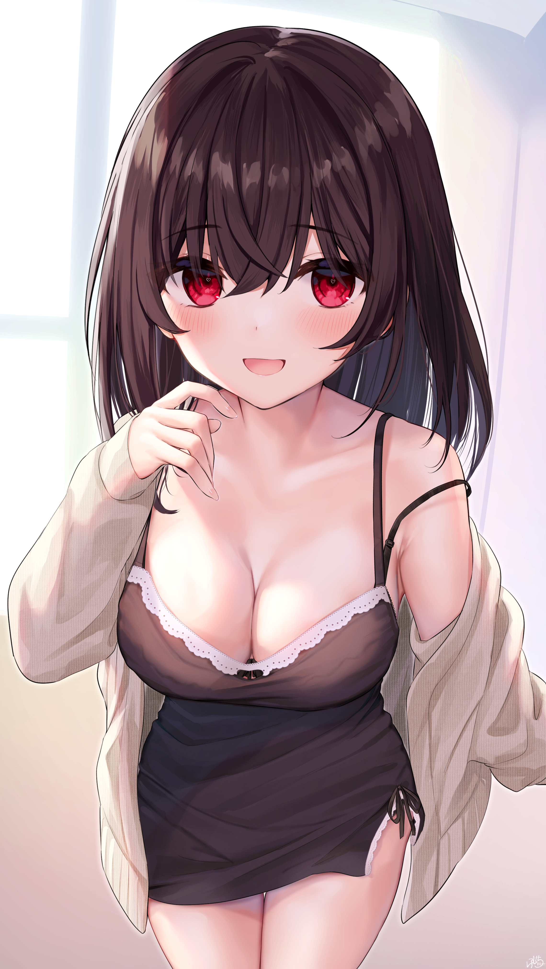 ramchi, yandere-chan (ramchi), original, absurdres, highres, 1girl, armpit crease, bare shoulders, black hair, breasts, brown dress, cardigan, cleavage, closed eyes, collarbone, cowboy shot, dress, grey cardigan, hand up, heart, heart in eye, long sleeves, looking at viewer, medium breasts, medium hair, multiple views, off shoulder, open cardigan, open clothes, open mouth, red eyes, sidelocks, single bare shoulder, smile, standing, strap slip, symbol in eye, thighs