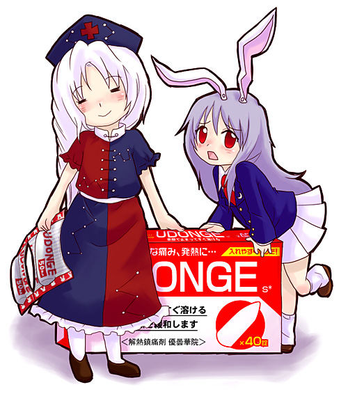 kty (04), reisen udongein inaba, yagokoro eirin, touhou, silver hair, 2girls, = =, animal ears, female focus, hat, leg warmers, loose socks, multiple girls, necktie, purple hair, rabbit ears, red eyes, red necktie, skirt, socks, suppository