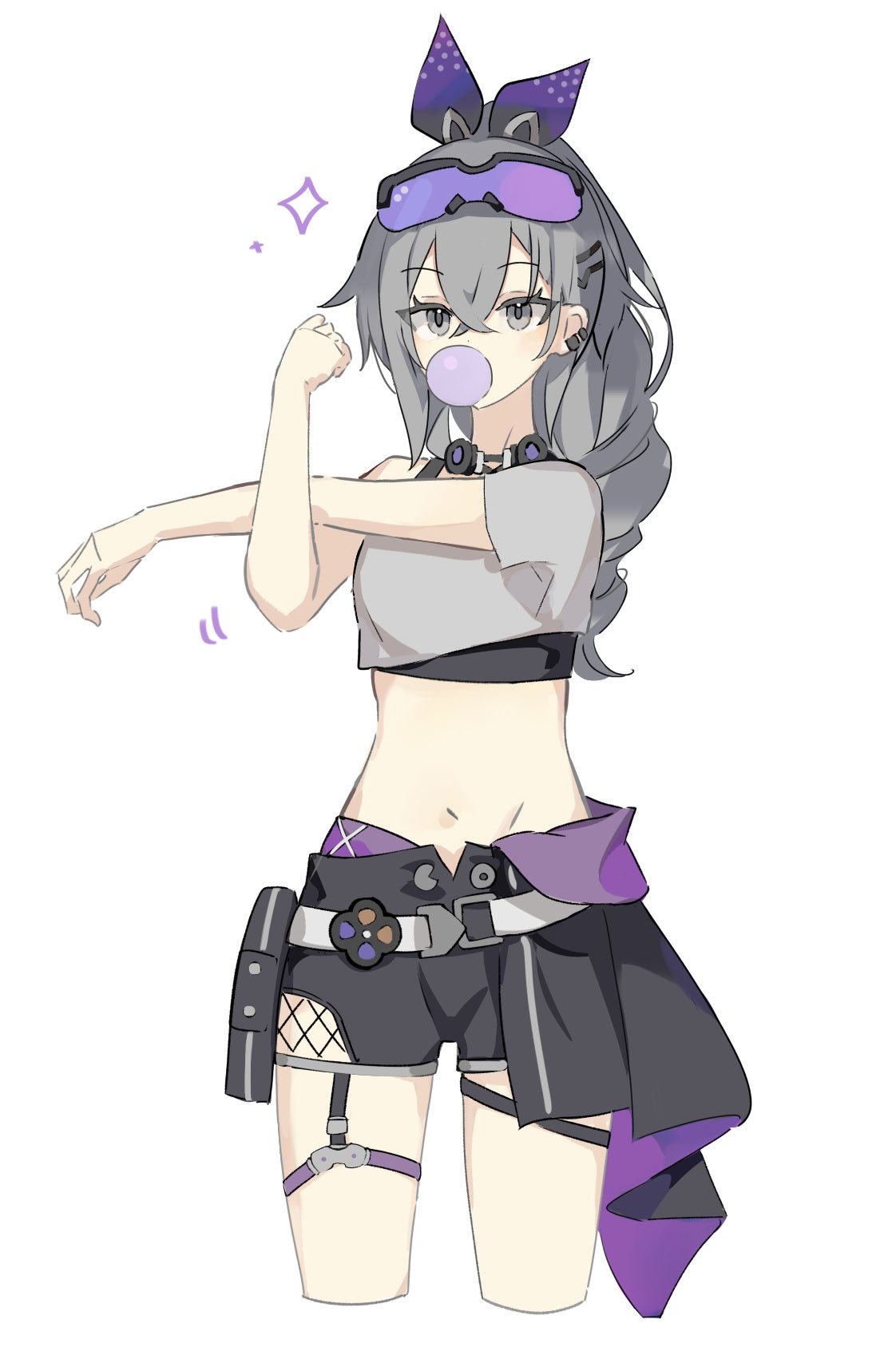akizuwa, silver wolf (honkai: star rail), honkai: star rail, honkai (series), highres, 1girl, black shorts, black sports bra, blowing bubble gum, chewing gum, crop top, cropped legs, cross-body stretch, crossed bangs, drill hair, drill ponytail, goggles, goggles on head, grey eyes, grey hair, hair between eyes, long hair, looking at viewer, midriff, navel, no jacket, ponytail, purple-tinted eyewear, shirt, short sleeves, shorts, simple background, solo, sports bra, stretching, thigh strap, tinted eyewear, white background, white shirt