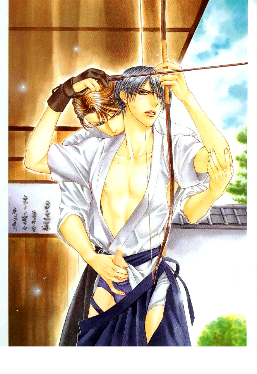 ayano yamane, highres, tagme, 2boys, archery, arrow (projectile), bow (weapon), censored, hakama, hakama skirt, handjob, japanese clothes, male focus, multiple boys, nude, open clothes, open shirt, penis, shirt, skirt, weapon, yaoi