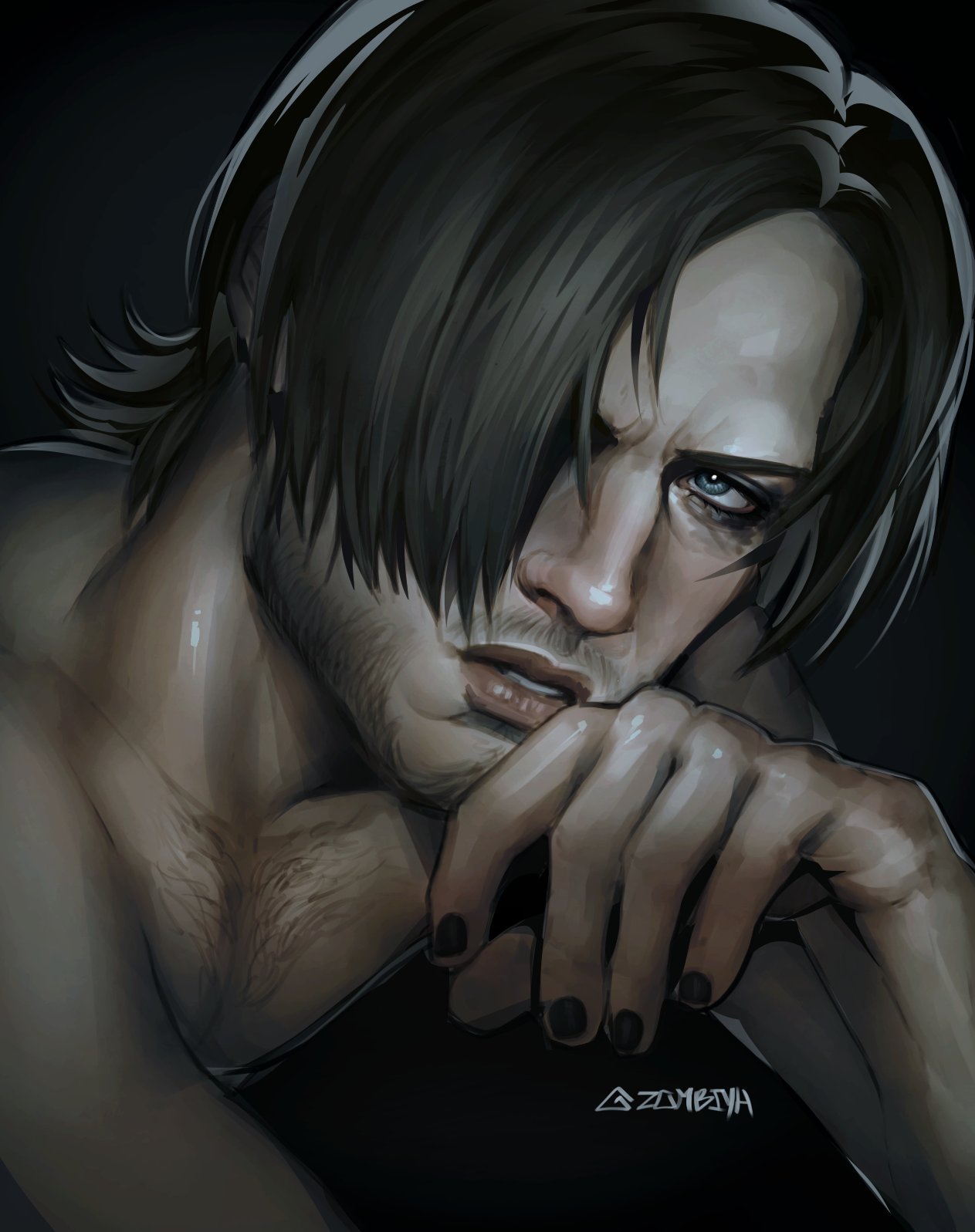 leon s. kennedy, resident evil, resident evil: vendetta, commentary, english commentary, highres, 1boy, black background, black nails, blue eyes, brown hair, chest hair, collarbone, eyeliner, facial hair, goatee, hair over one eye, lips, looking to the side, makeup, male focus, nail polish, nude, one eye covered, parted hair, pectorals, simple background, solo, zombiyh