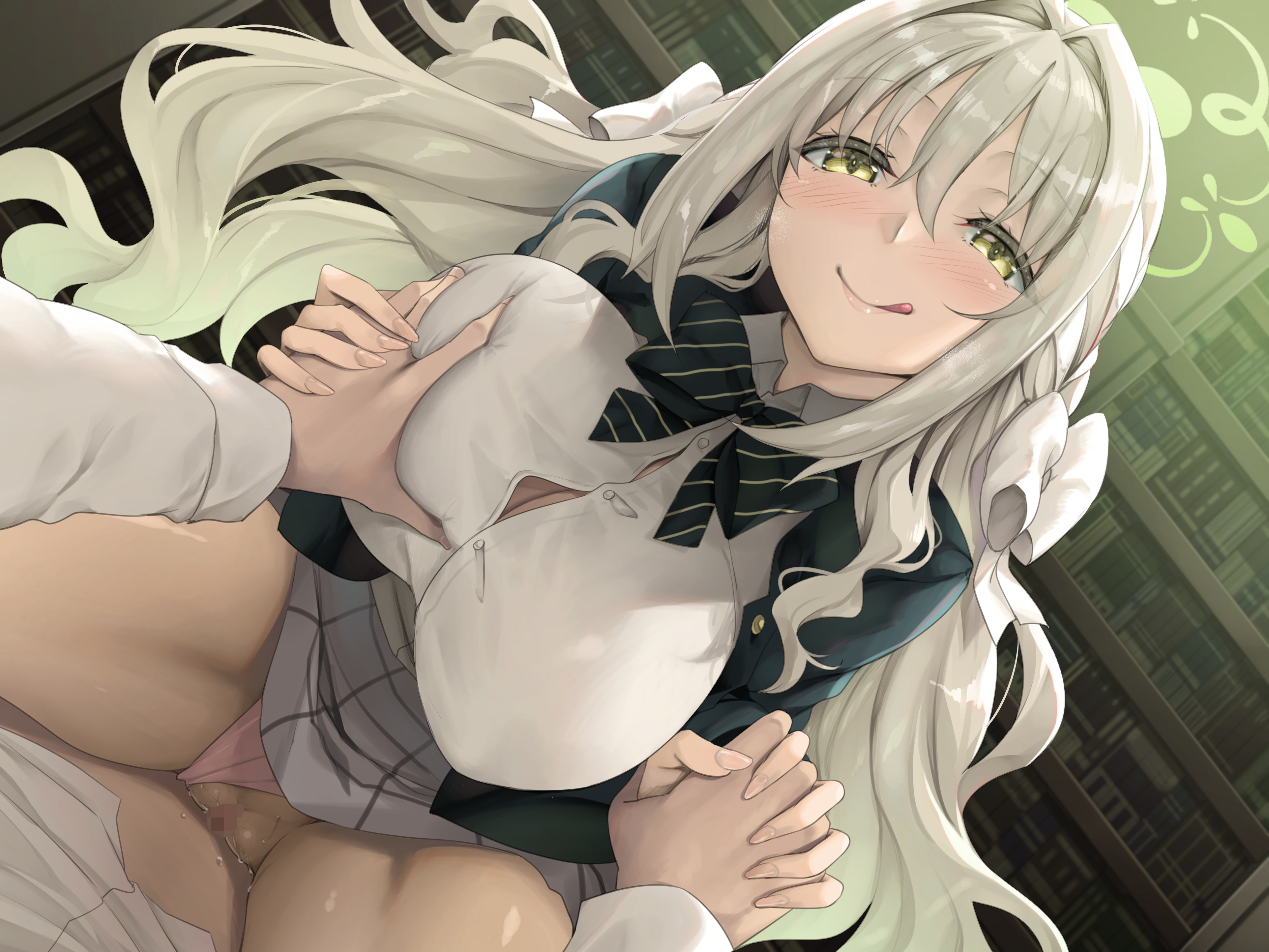 nakano sora, miyo (blue archive), blue archive, absurdres, commentary request, commission, highres, paid reward available, skeb commission, 1boy, 1girl, assertive female, blush, bow, breasts, clothed sex, clothing aside, cowgirl position, girl on top, grabbing another's breast, green eyes, green halo, grey hair, groping, guided breast grab, guiding hand, hair bow, halo, happy sex, hetero, holding hands, indoors, interlocked fingers, large breasts, licking lips, long hair, looking at viewer, panties, pov, pussy, school uniform, sex, smile, solo focus, spread legs, straddling, tongue, tongue out, underwear, vaginal, very long hair, white bow