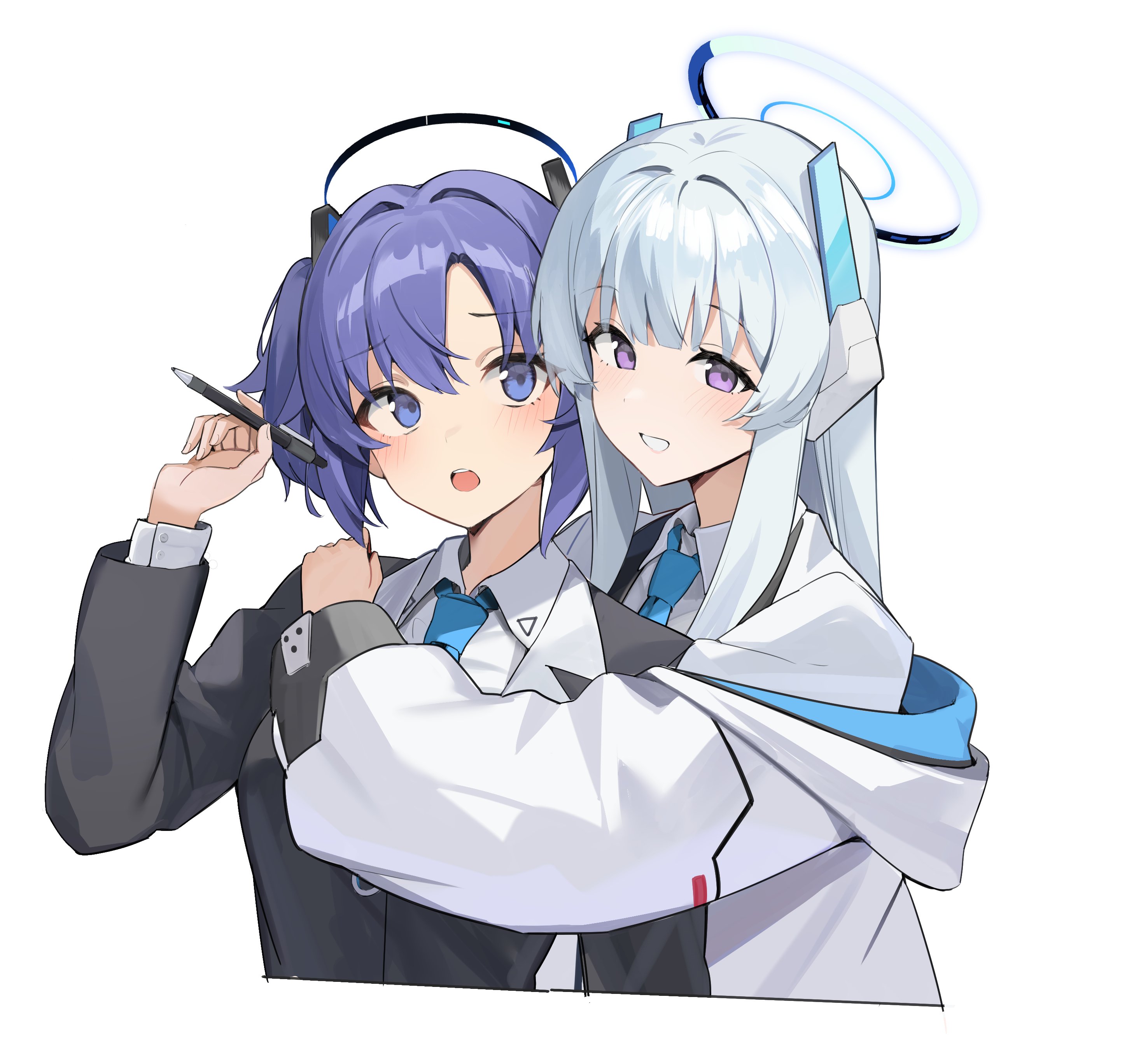 ryou (ponpgo), noa (blue archive), yuuka (blue archive), blue archive, absurdres, highres, 2girls, black jacket, blue eyes, blue necktie, blush, collared shirt, cropped torso, grey hair, halo, holding, holding pen, hug, jacket, long hair, long sleeves, looking at viewer, mechanical halo, multiple girls, necktie, off shoulder, open mouth, pen, purple eyes, purple hair, shirt, simple background, smile, teeth, two-sided fabric, two-sided jacket, two side up, upper body, white background, white jacket, white shirt
