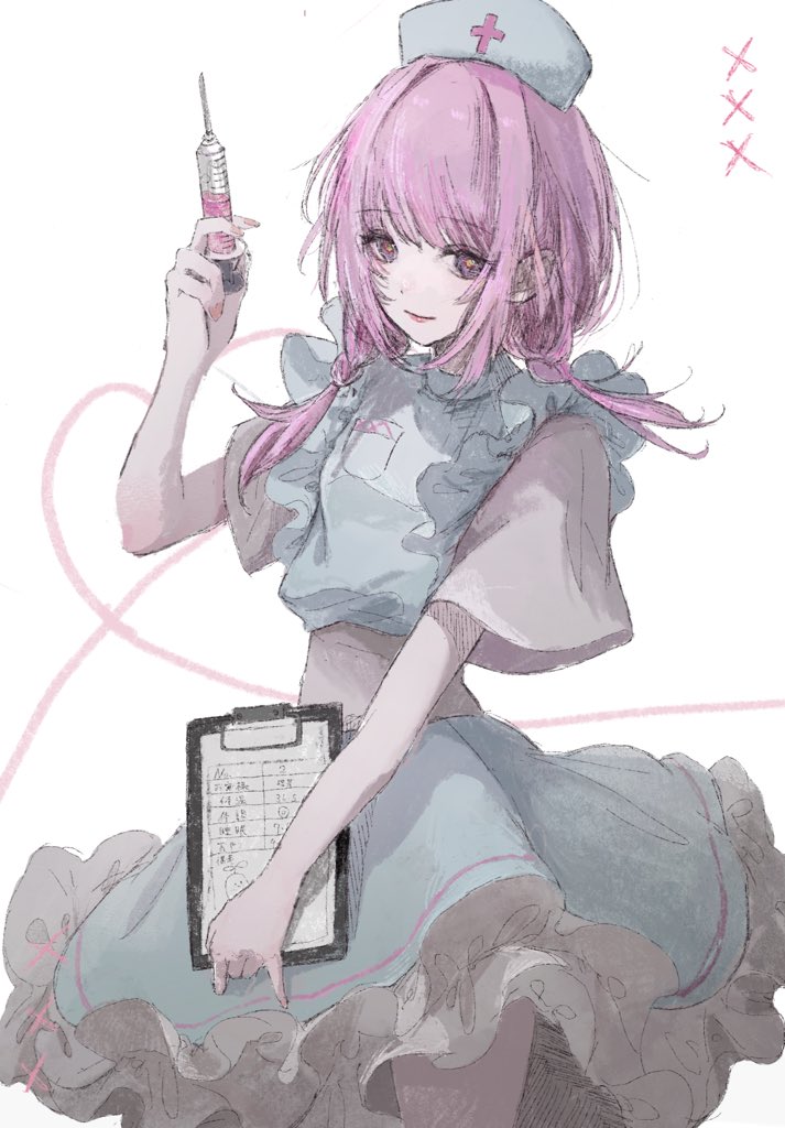 ao lemon, kaf (kamitsubaki studio), kamitsubaki studio, 1girl, alternate costume, closed mouth, cowboy shot, hair intakes, hand up, hat, holding, holding syringe, looking at viewer, low twintails, nurse cap, pink hair, simple background, smile, solo, standing, syringe, twintails, virtual youtuber, white background