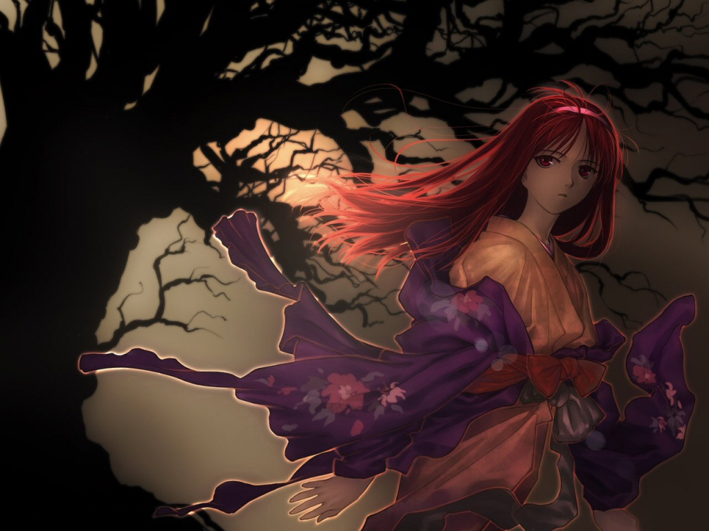 tohno akiha, tsukihime, 00s, dark, hairband, japanese clothes, long hair, red eyes, red hair, solo