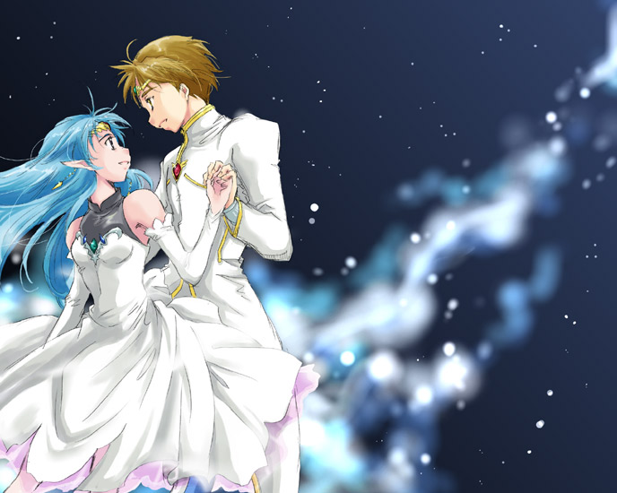 yonomori mayu, jinto, lafiel, seikai no senki, 1boy, 1girl, blue hair, detached sleeves, dress, long hair, pointy ears, space, star (symbol)