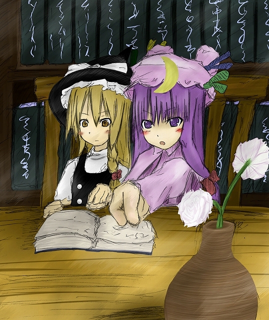 tetsuji, kirisame marisa, patchouli knowledge, touhou, 2girls, blonde hair, book, brown eyes, crescent hat ornament, female focus, flower, hat, hat ornament, indoors, long hair, multiple girls, plant, purple eyes, purple hair, sketch, upper body, vase, witch, witch hat