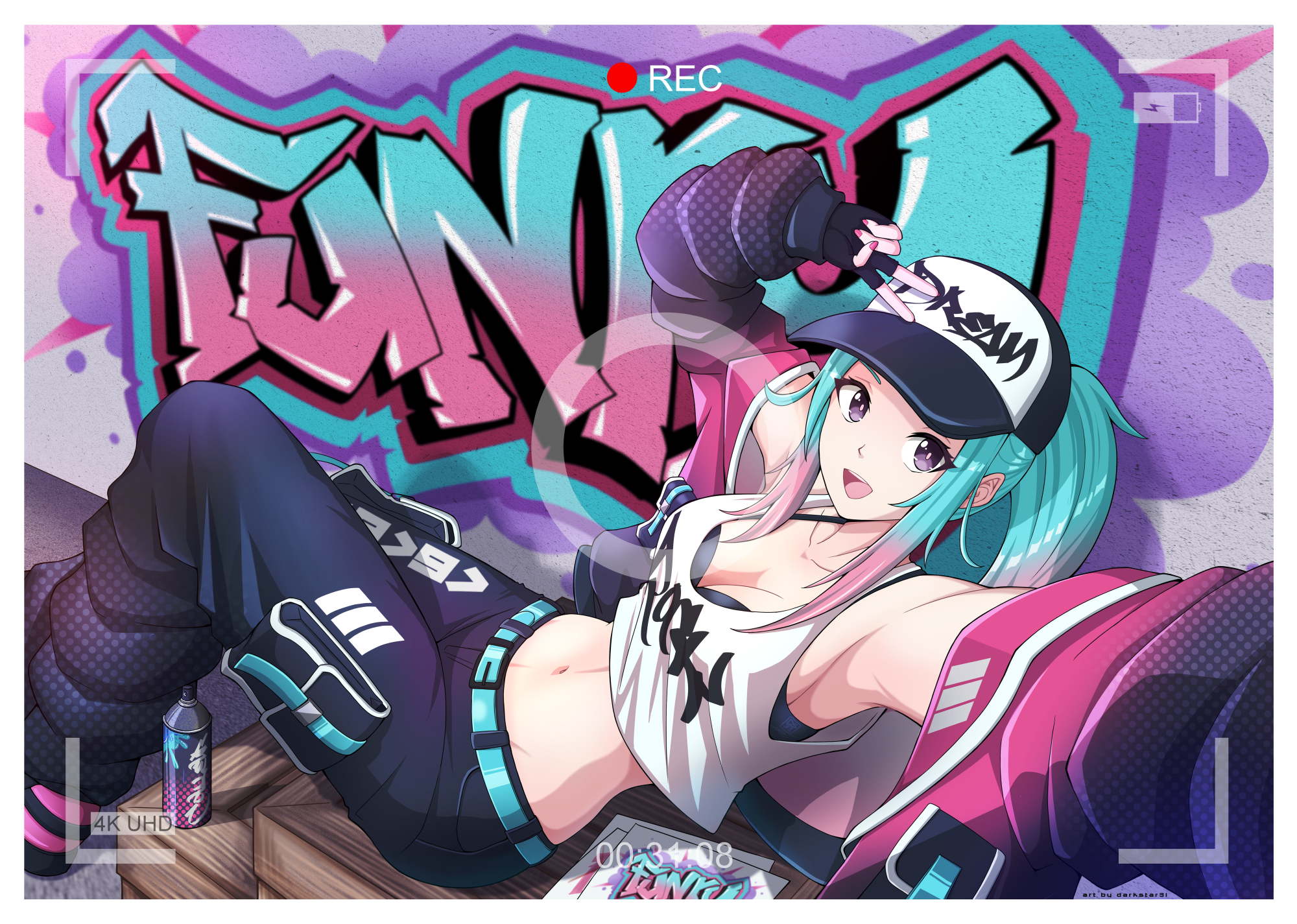 darkstar31, original, highres, 1girl, aqua hair, armpits, arms up, bare shoulders, baseball cap, belt, black gloves, black jacket, black pants, breasts, cleavage, crop top, crop top overhang, fingerless gloves, gloves, gradient clothes, gradient hair, gradient jacket, hat, jacket, long hair, long sleeves, looking at viewer, medium breasts, midriff, multicolored hair, nail polish, navel, open clothes, open jacket, open mouth, pants, purple eyes, selfie, shirt, sleeveless, sleeveless shirt, smile, solo, spaghetti strap, stomach, undershirt, v, white shirt