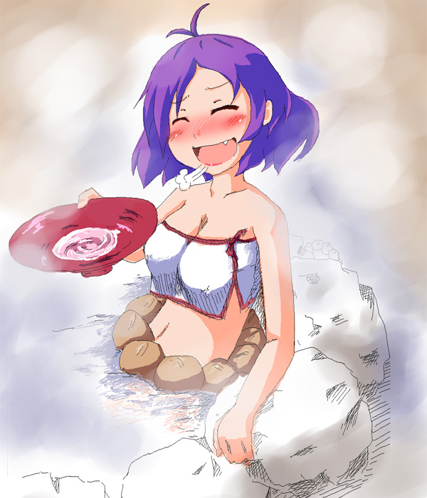 tetsuji, yasaka kanako, touhou, 1girl, ahoge, alcohol, blush, breasts, cleavage, cup, drunk, fang, female focus, large breasts, midriff, onsen, purple hair, sakazuki, sake, short hair, sketch, solo