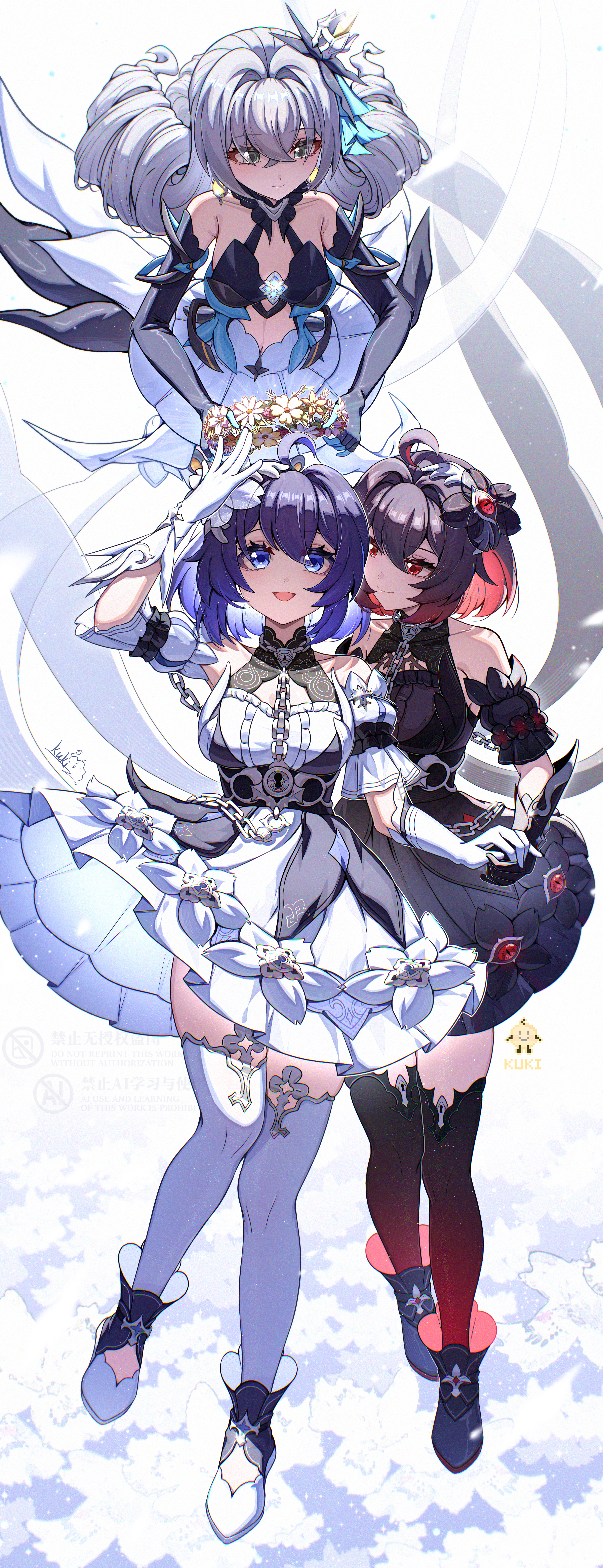 cutescookie, bronya zaychik, bronya zaychik (herrscher of reason), seele vollerei, seele vollerei (stygian nymph), honkai (series), honkai impact 3rd, absurdres, commentary request, highres, 3girls, ahoge, black dress, black gloves, black hair, black thighhighs, blue eyes, blue hair, colored inner hair, dress, drill hair, dual persona, gloves, grey hair, holding hands, holding head wreath, long hair, multicolored hair, multiple girls, red eyes, red hair, smile, thighhighs, two-tone hair, very long hair, white dress, white gloves, white thighhighs