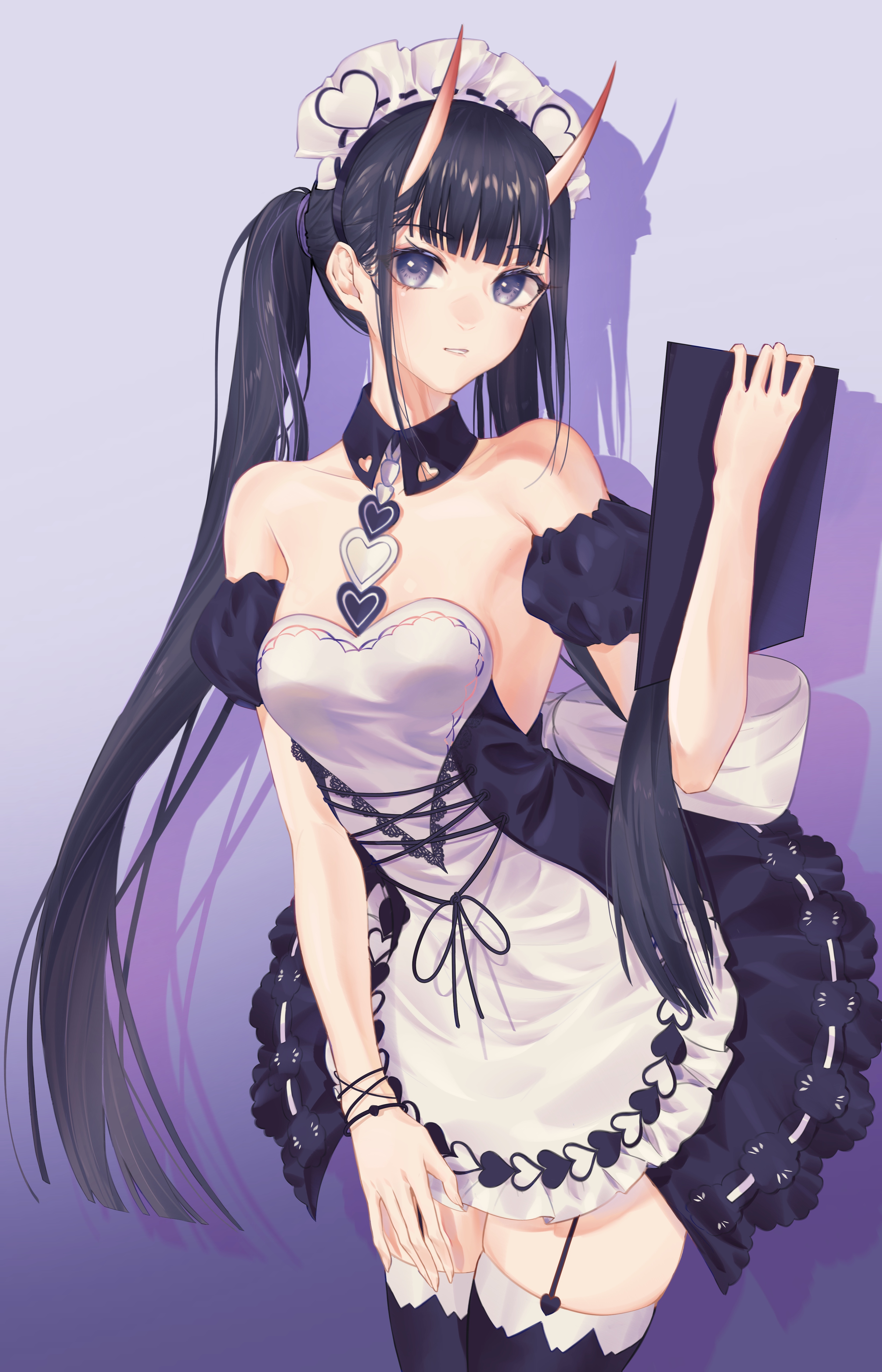 shino pupille, noshiro (azur lane), noshiro (hold the ice) (azur lane), azur lane, absurdres, commentary request, highres, 1girl, apron, bare shoulders, black dress, black garter straps, breasts, cowboy shot, detached collar, detached sleeves, dress, frilled apron, frilled dress, frills, garter straps, gradient background, heart, holding, holding menu, horns, long hair, looking at viewer, maid apron, maid headdress, medium breasts, menu, official alternate costume, puffy short sleeves, puffy sleeves, purple background, purple eyes, short sleeves, solo, strapless, strapless dress, twintails, very long hair, white apron