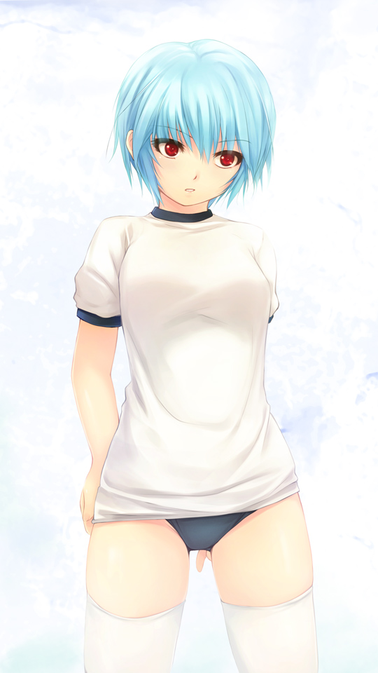coffee-kizoku, ayanami rei, neon genesis evangelion, 1girl, blue hair, buruma, female focus, gym uniform, red eyes, shirt tug, short hair, solo, thighhighs, white thighhighs