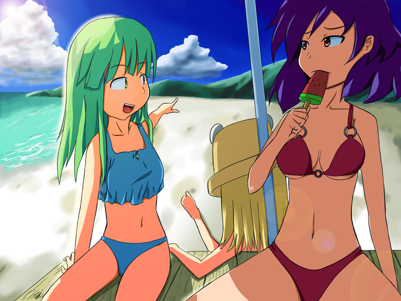 tetsuji, kochiya sanae, moriya suwako, yasaka kanako, touhou, duplicate, 3girls, bad anatomy, barefoot, beach, bikini, blonde hair, breasts, cleavage, cloud, day, female focus, food, fruit, green eyes, green hair, hat, long hair, medium breasts, multiple girls, ocean, poorly drawn, popsicle, purple hair, red eyes, short hair, small breasts, swimsuit, watermelon, watermelon bar, yellow eyes