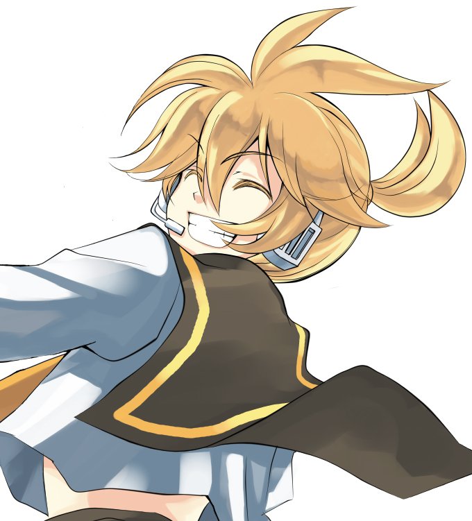 758 (pixiv11263), nagoya uzuki, kagamine len, vocaloid, 1boy, blonde hair, grin, headset, male focus, sailor collar, smile, solo