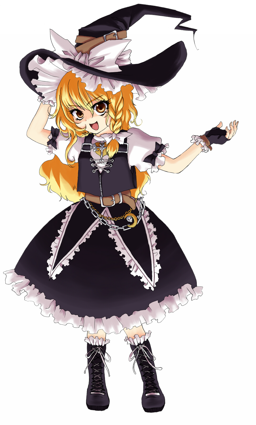 tetsuji, kirisame marisa, touhou, highres, 1girl, belt, blonde hair, boots, braid, chain, female focus, fingerless gloves, full body, gloves, hat, long hair, simple background, skirt, solo, white background, witch, witch hat