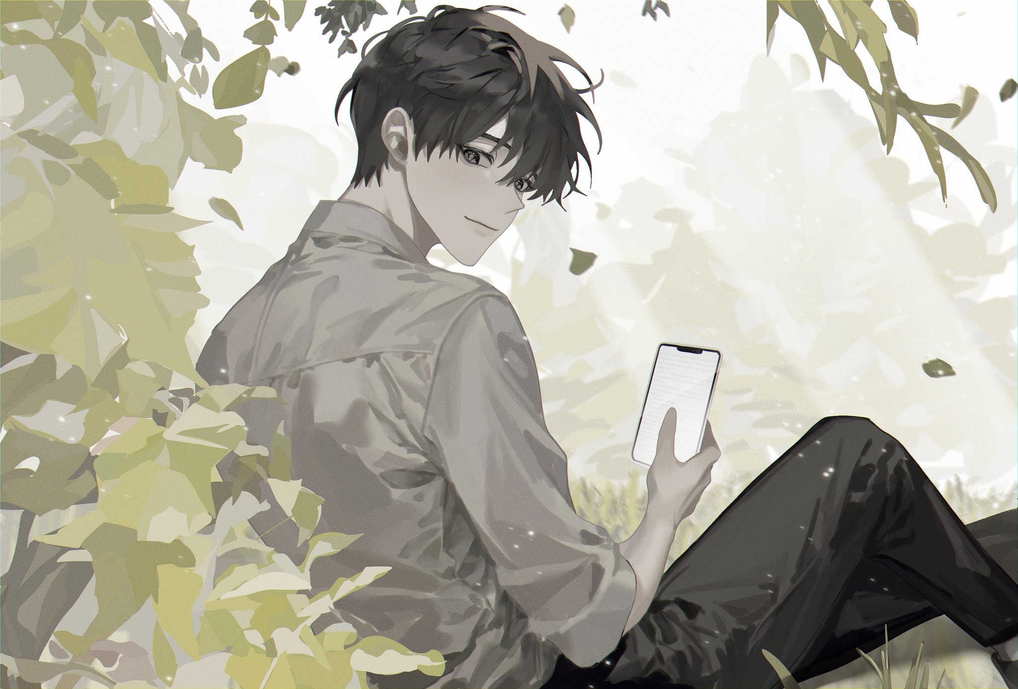 narak, kim dokja, omniscient reader's viewpoint, hashtag-only commentary, highres, 1boy, black eyes, black hair, holding, holding phone, knee up, leaf, light particles, light rays, looking back, male focus, outdoors, phone, shirt, short hair, sitting, smile, solo, tree, white shirt