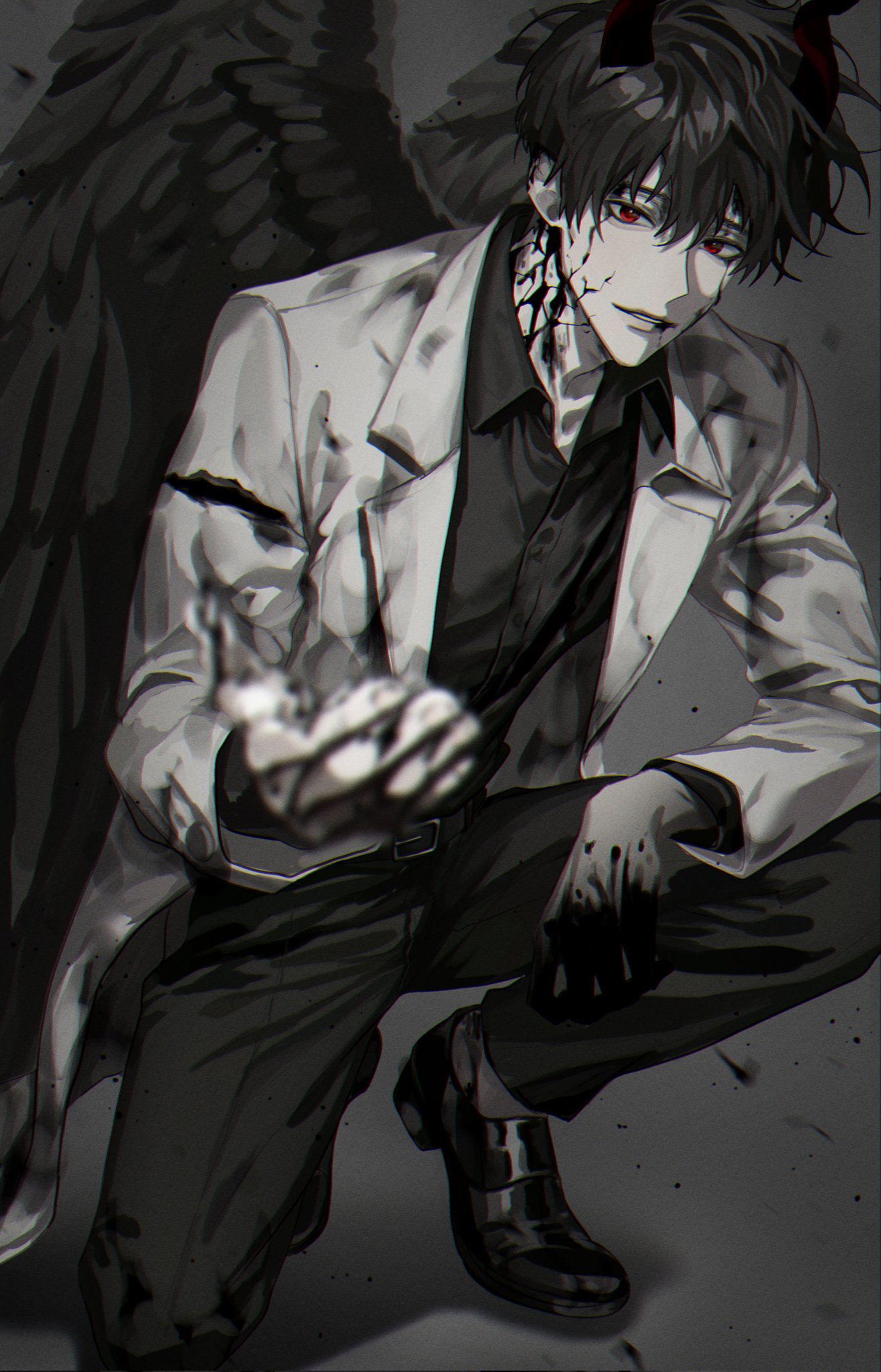 narak, kim dokja, omniscient reader's viewpoint, commentary request, highres, korean commentary, 1boy, black blood, black hair, black shirt, black wings, blood, coat, collared shirt, colored veins, demon horns, elbows on knees, feathered wings, full body, gradient skin, horns, looking at viewer, male focus, offering hand, official alternate costume, on one knee, open clothes, open coat, outstretched hand, partially colored, shirt, short hair, solo, white coat, wings