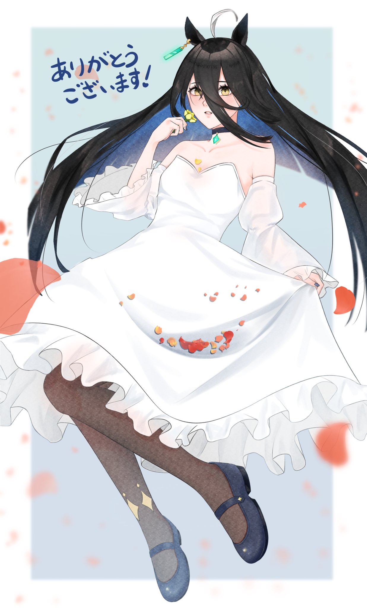 sango0707315, manhattan cafe (umamusume), umamusume, highres, 1girl, ahoge, alternate costume, animal ears, bare shoulders, black choker, black hair, black shoes, blue hair, breasts, brown pantyhose, choker, collarbone, colored inner hair, detached sleeves, dress, ear ornament, ear tag, earrings, flower, frilled sleeves, frills, holding, holding flower, horse ears, horse girl, jewelry, long hair, long sleeves, mary janes, multicolored hair, pantyhose, petals, shoes, single earring, small breasts, solo, strapless, strapless dress, very long hair, white dress, white hair, wide sleeves, yellow flower