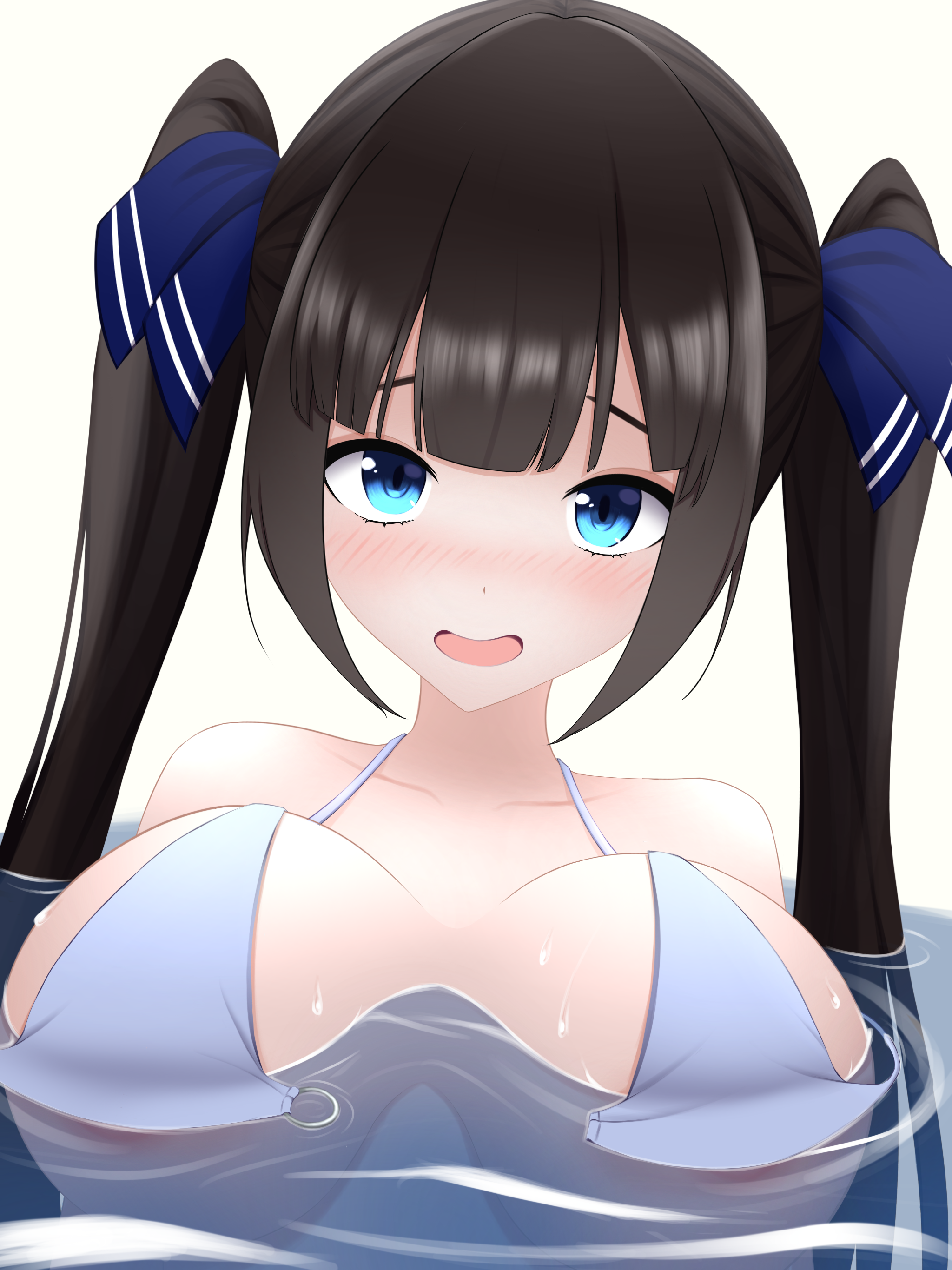 hestia (danmachi), azur lane, dungeon ni deai wo motomeru no wa machigatteiru darou ka, absurdres, highres, 1girl, bare shoulders, bikini, black hair, blue eyes, blue ribbon, blush, breasts, breasts apart, floating breasts, hair ribbon, hestia (godly vacation!) (danmachi), large breasts, long hair, looking at viewer, o-ring, o-ring bikini, official alternate costume, open mouth, partially submerged, ribbon, solo, swimsuit, twintails, undone bikini, upper body, water, white bikini, yumemitarashi